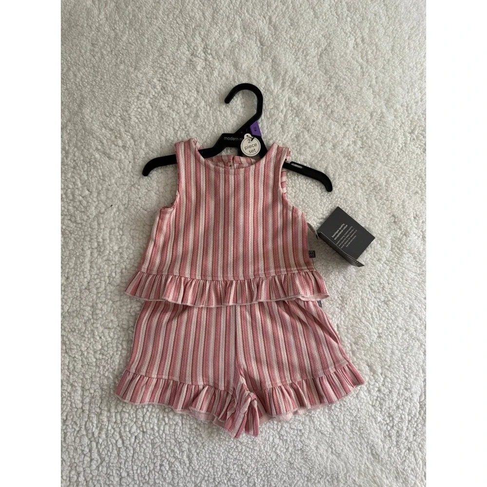 Modern Moments by Gerber Baby Girls 12M Pink Striped Ruffle Top and Shorts Set